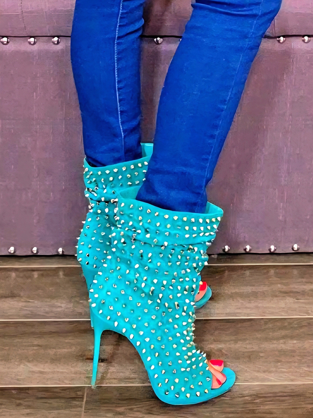 Christian Louboutin Aqua Suede Silver Spiked Open Toe Ankle Boots Size 38 US 7-9 - Picture 4 of 14